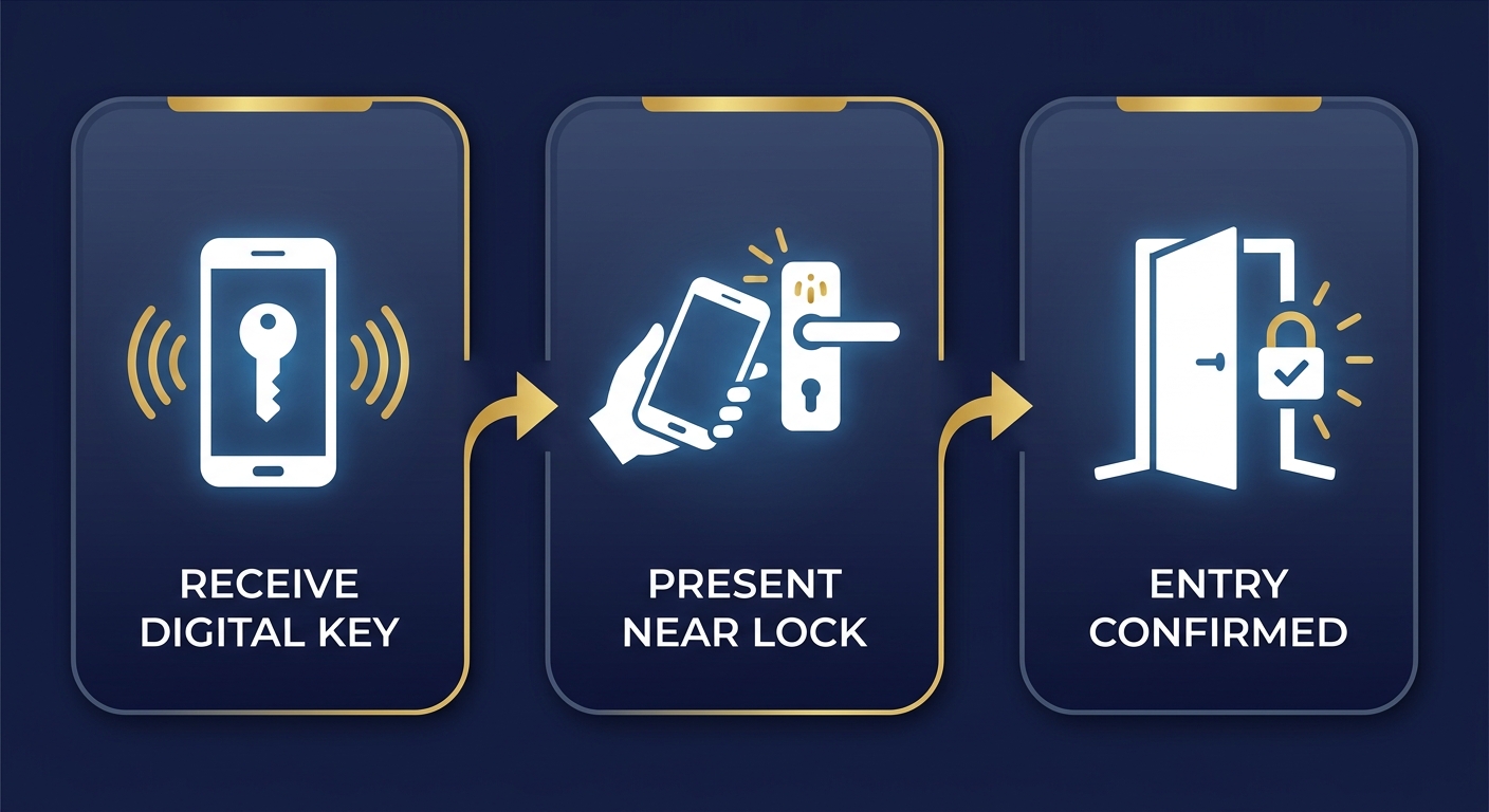 Process flow diagram with three stages of mobile key access control: a smartphone receiving a digital key, a guest presenting the phone near a door lock, and a confirmed entry checkmark